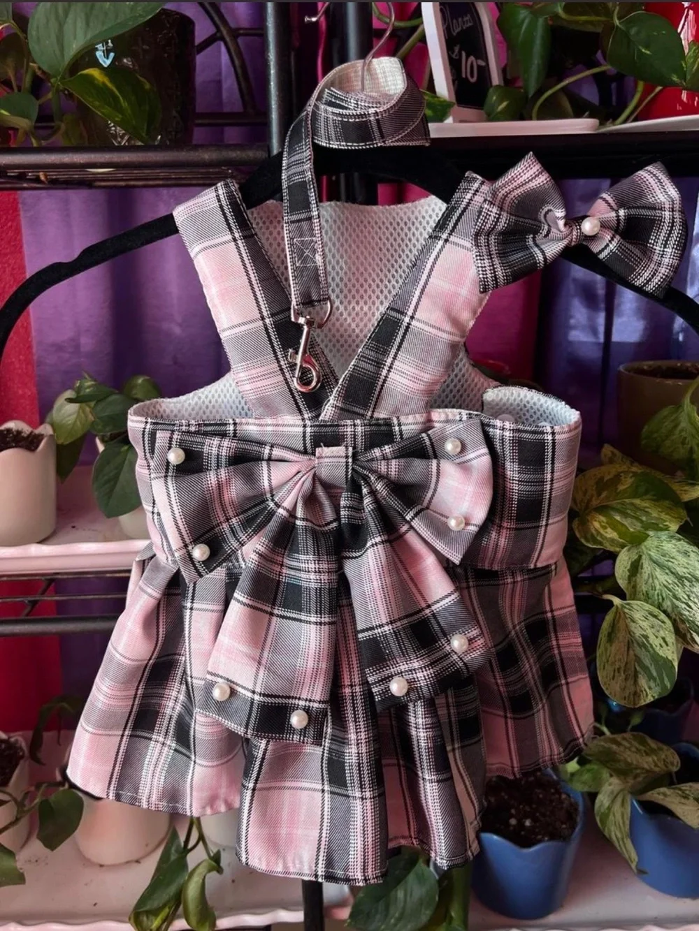 Pink & Black Plaid Pet Harness Dress with Pearl Accents & Matching Leash / Bow